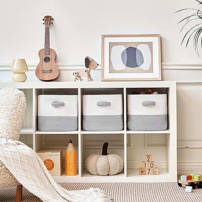 Storage Cube Baskets for Organizing- 3 Pack- 11 inch Square Baskets for Cube Storage, Closet Storage Bins- Woven Cube Storage Bins for Shelves- Ideal for Toy Storage |White & Grey