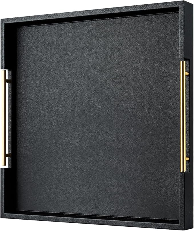 Black Square Serving Tray with Gold Handles for Party,Large Wood Decorative Tray for Ottoman,Faux Leather Coffee Table Tray Decor