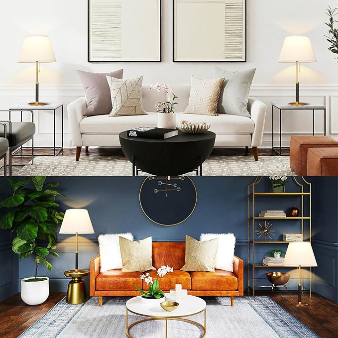 26.4" Set of 2 Modern Living Room Table Lamp for End Tables Bedside Lamps for Bedroom 3-Color Temperatures Pull Chain Switch Lamp Wood Fabric for Home/Office/Desk Decor (Light Brown+Brass)