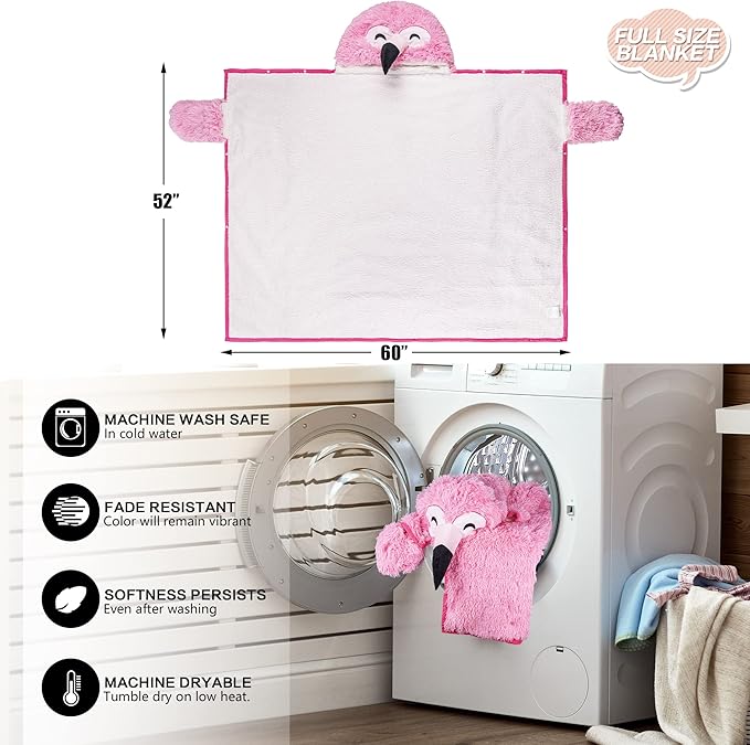 Flamingo Wearable Hooded Blanket for Adults - Fluffy Super Soft Shaggy Faux Fur, Fuzzy Warm Cozy Plush Furry Fleece & Sherpa Hoodie Throw Cloak Wrap - Flamingo Gifts for Women Adults and Kids