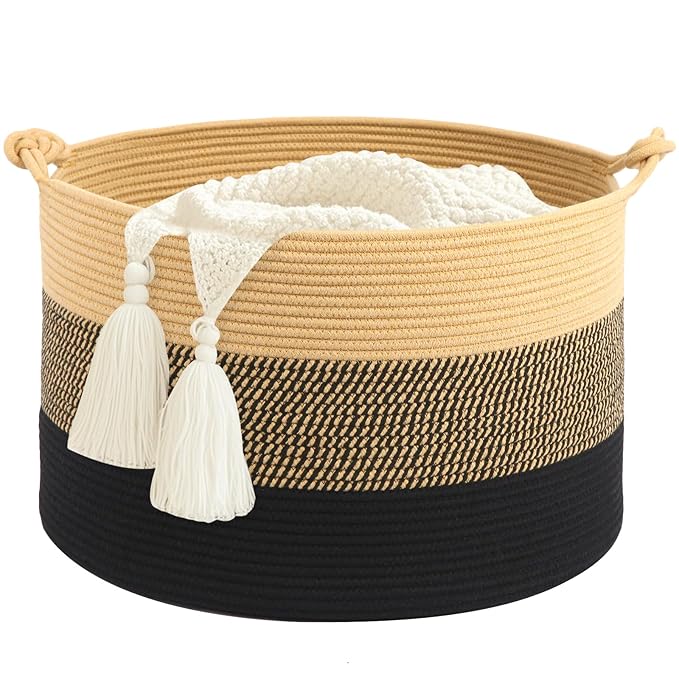 Laundry Basket,20''x13''Woven Cotton Rope Laundry Hamper,Blanket Basket for Living Room;Toy Storage Basket for Organizing;Baby basket;Nursery Hamper,Clothes Hamper for kids(Yellow/Black)