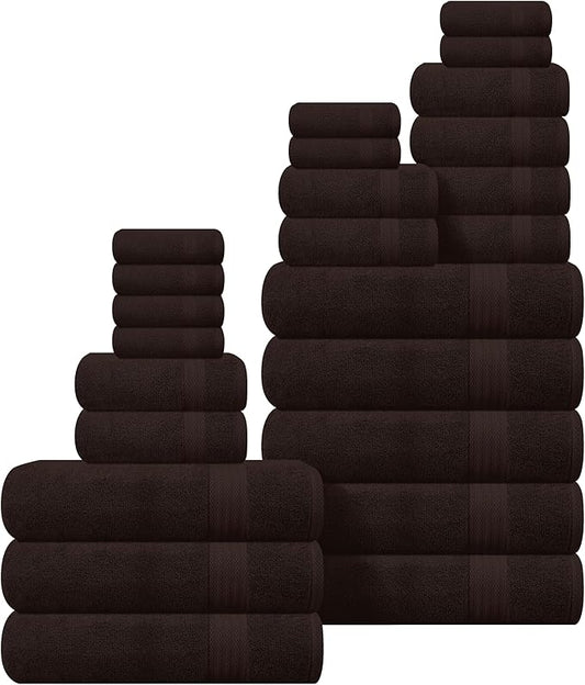 GLAMBURG Ultra Soft 24-Piece Towel Set- 100% Pure Ringspun Cotton, Contains 8 Oversized Bath Towels 27x54, 8 Hand Towels 16x28, 8 Wash Cloths 13x13 Ideal for Everyday use, Hotel & Spa- Chocolate Brown