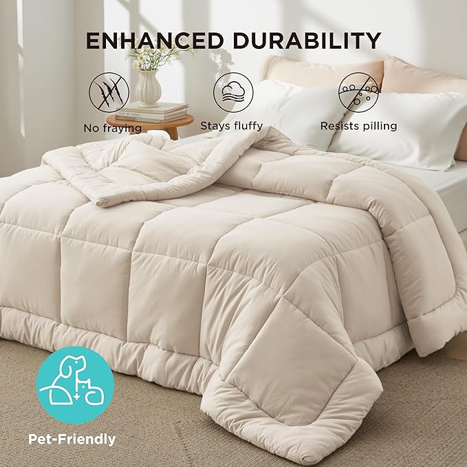 Bedsure Comforter Duvet Insert - Quilted Comforters Twin Size, All Season Duvet, GentleSoft Down Alternative Bedding, with 8 Tabs, Gifts for Women/Men, Linen, Twin 88 x 68 Inches