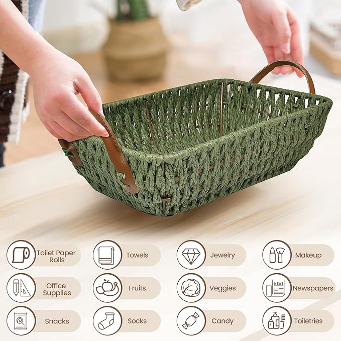 Paper Rope Woven Toilet Paper Basket, Small Wicker Storage Baskets for Organizing with Handles, Bedroom Decor Baskets Toilet Tank Shelf Storage Bins (1pc Green)