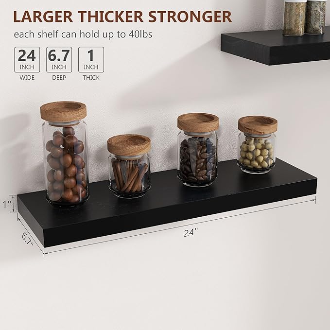 24 Inch Black Floating Shelves for Wall, Solid Wood Wall Shelves Set of 2, Modern Black Shelves Display Ledge Shelves for Bedroom Bathroom Living Room Kitchen Decoration Storage - Black