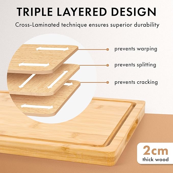 Bamboo Wooden Cutting Boards for Kitchen, Cutting Board Set of 3, Chopping Boards with Juice Groove for Meat, Cheese & Vegetables - Durable, Double sided wood cutting board with serving Compartments