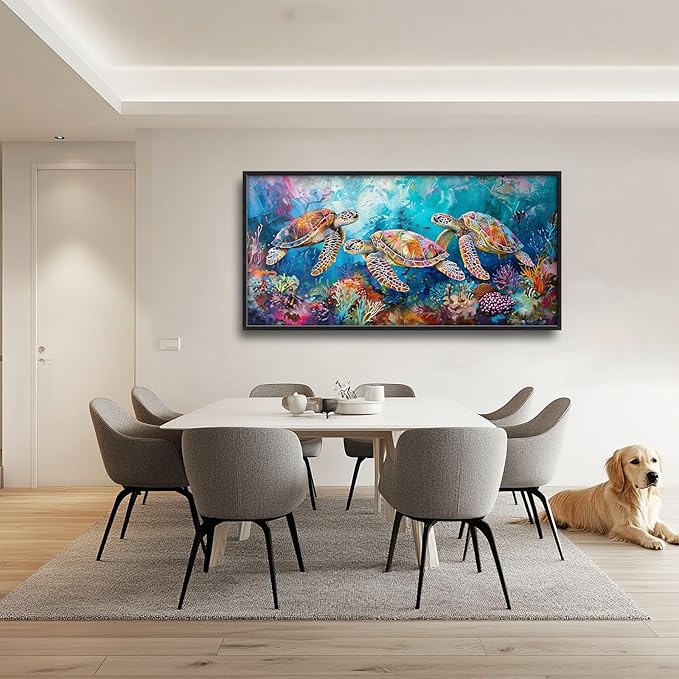 Sea Turtle Large Framed Wall Art Coastal Ocean Nautical Pictures Oversized Colorful Undersea Wall Decor Coral Reef Canvas Print Painting Aesthetic Modern Artwork for Living Room Bedroom Office Bathroom Home Decor 60L"x30W"