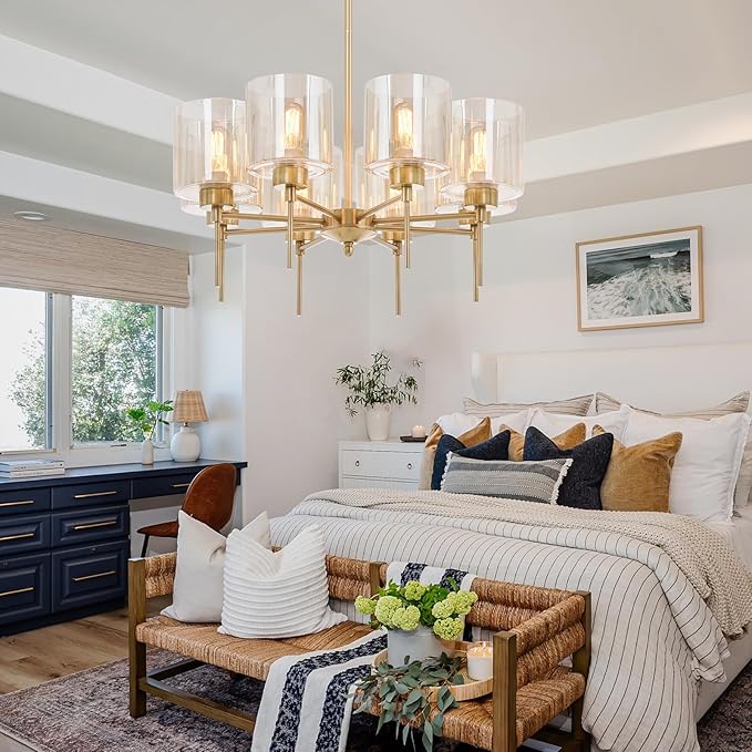 Brass Modern Chandeliers, Metal 8-Lights Chandelier Light Fixture with Amber Glass Shade, Hanging Pendant Lighting for Living Room, Dining Room, E26