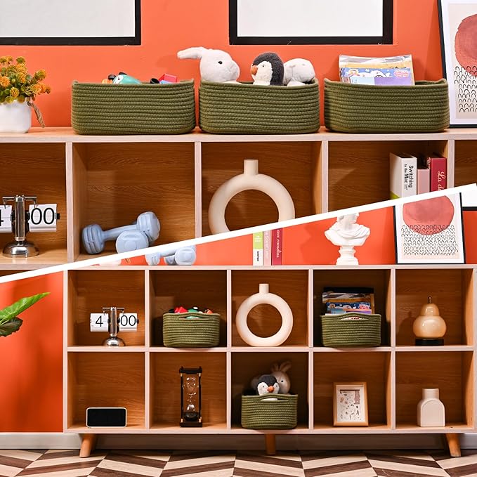 Small Green Storage Baskets for Organizing Shelves, Cute Woven Baskets for Storage, Organizer Basket for Decor, Gift Basket, 13"×8.5"×5.1" (3 Packs) Green