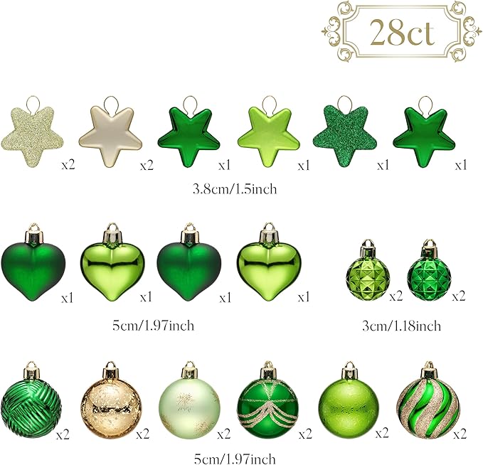 Valery Madelyn 28ct St. Patrick's Tree Decorations Ornaments Set, Green and Gold Shatterproof St. Patrick's Ball Ornaments Hanging Decor for Valentines Day, Mardi Gras, St Patricks Day