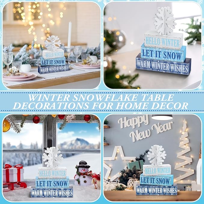 Geelin 4 Pieces Hello Winter Wooden Table Decorations Let It Snow Wooden Signs Rustic Snowflake Tiered Tray Decor Winter Wishes Tabletop Centerpieces for Home Desk Room Kitchen Shelf