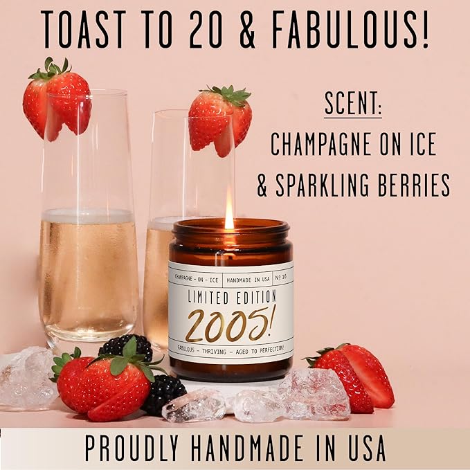 20th Birthday Gifts for Women - 'Limited Edition 2005' Soy Candle, w/Champagne on Ice I 20 Birthday Gifts for Women I 20th Gift for Her Ideas I 9oz Reusable Jar, 50Hr Burn, Made in USA