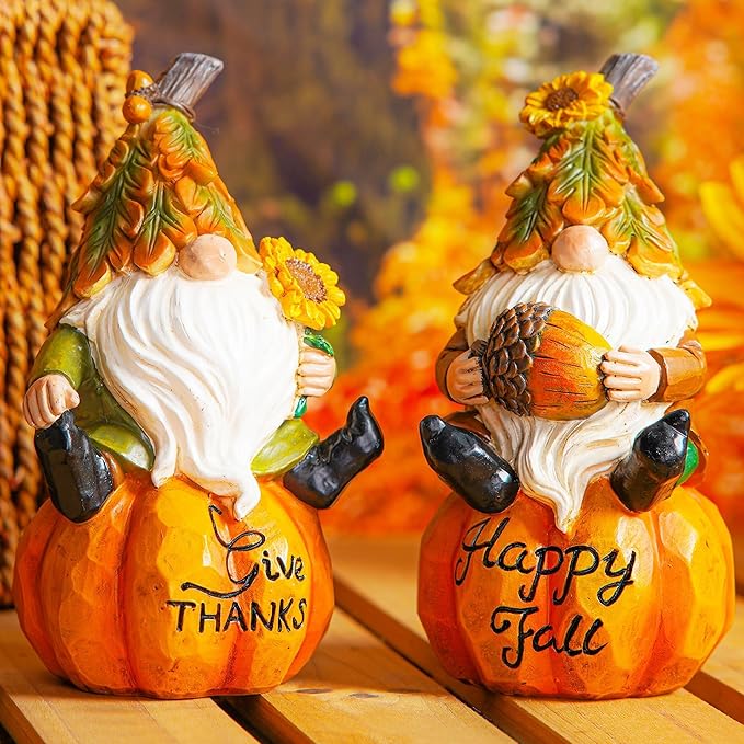 Topadorn Fall Gnomes Decor for Yard Outdoor Set of 2 with Pumpkin and Sunflower- for Thanksgiving and Halloween Home Garden Decorations