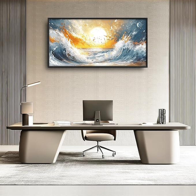 Trulave Ocean Sea Framed Wall Art for Living Room, Large Waves Canvas Wall Decor, Vintage Beach Sunset Pictures, Modern Artwork for Living Room Bedroom 60L'' × 30W''