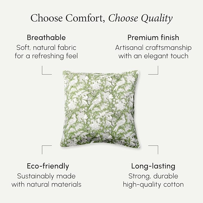 CPC 100% Cotton Throw Pillow Covers 16X16 Green Block Print Pattern Couch Pillow, Cute Boho Decorative Pillows for Living Room, Bedroom with Hidden Zipper- Olive Green