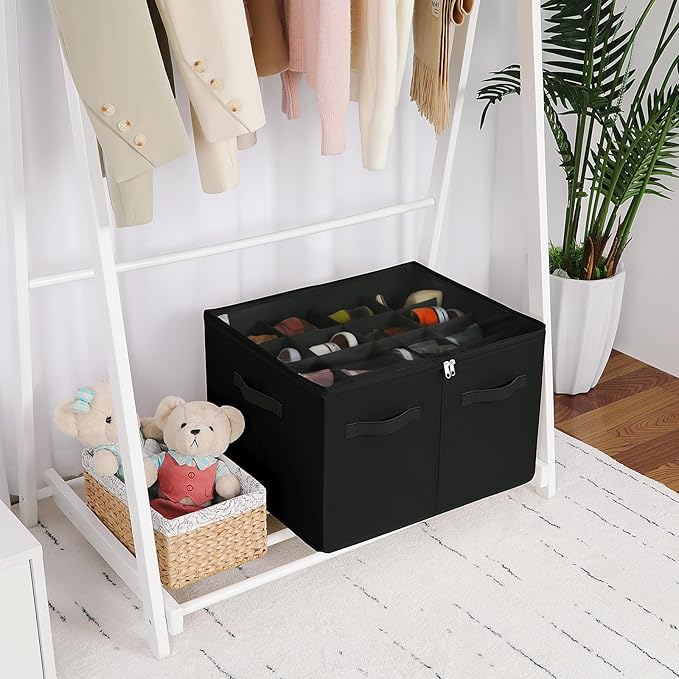 Shoe Organizer for Closet, Foldable Shoe Box with Adjustable Dividers and Clear Cover, Space Saving Shoe Storage Organizer Cabinet with Reinforced Handles, Fits 16 Pairs, Black, TP09B