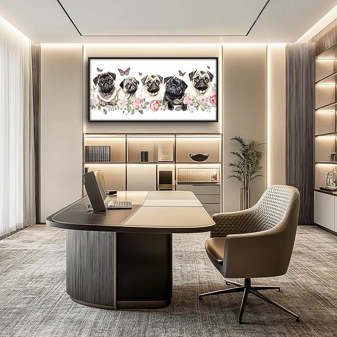 Flintis Large Pug Wall Art Dog Butterfly Pictures Wall Decor Abstract Animal Canvas Painting Print Artwork Decoration Framed for Living Room Bathroom Master Bedroom Office Dining Room 60L x 30W