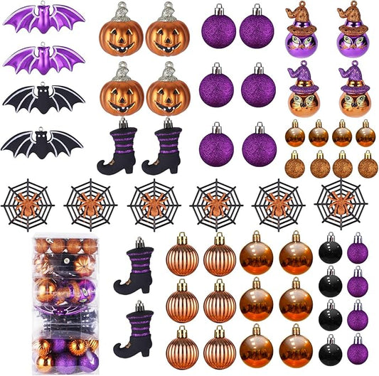 56pcs Halloween Hanging Ornaments for Tree Decorations, Shatterproof Plastic Hanging Halloween Ball Pendants with Pumpkin, Witches Hat Signs, Halloween Tree Decor Party, Holiday, Home (Multi New)
