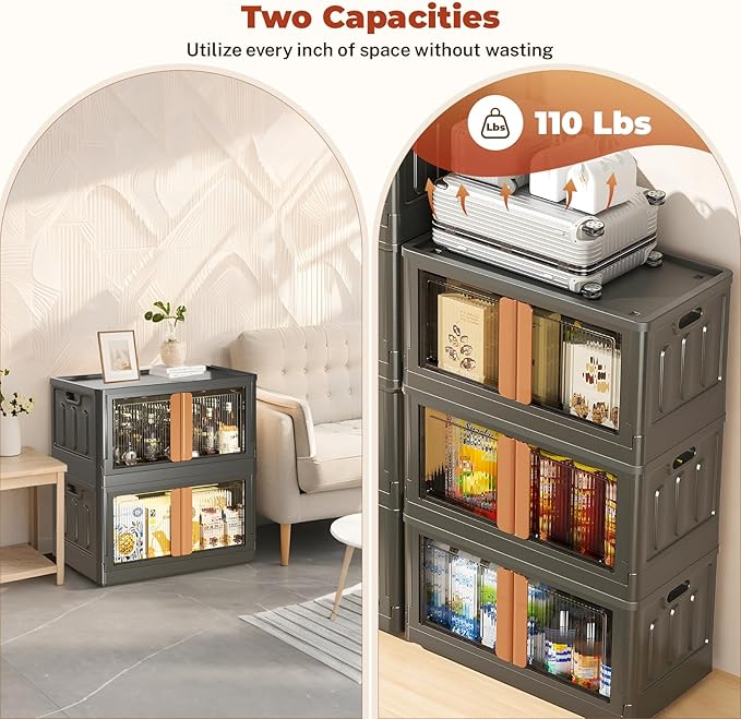 GCCSJ 33.6Qt Stackable Plastic Storage Boxes with Lids, Foldable Closet Organizers and Storage Containers with Wheels, Collapsible Storage Bins for Home Organization, 3 Pack Black