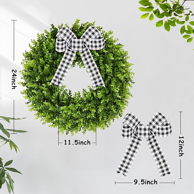 Vlorart 20-Inch Boxwood Wreath, Artificial Boxwood Wreath Front Door Wreaths Artificial Spring Summer Greenery Hanging with A Plaid Bowand Sash for Front Door Wall Hanging