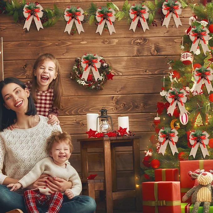 Syhood 6 Pcs Christmas Bows with Pine Cones Pine Needles Xmas Flaxen Bows Ribbon Christmas Tree Wreath Decoration for Xmas Parties Indoor Outdoor Crafts DIY Decor