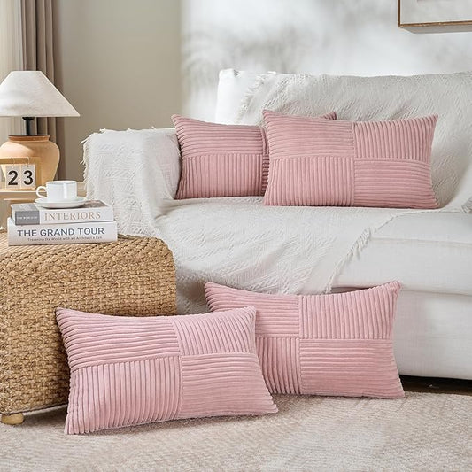 Fancy Homi 4 Packs Blush Pink Lumbar Decorative Throw Pillow Covers 12x20 Inch for Living Room Couch Bed, Rustic Farmhouse Boho Home Decor, Soft Striped Corduroy Rectangle Accent Cushion Case 30x50 cm