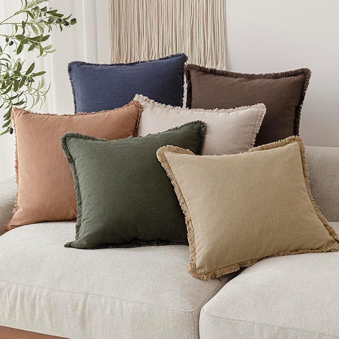 Foindtower Set of 2 Decorative Linen Fringe Throw Pillow Covers Farmhouse Cushion Cover with Tassels Lumbar Accent Pillowcase for Bed Couch Living Room Home Bedroom Decor,12×24 Inch,Light Khaki Taupe