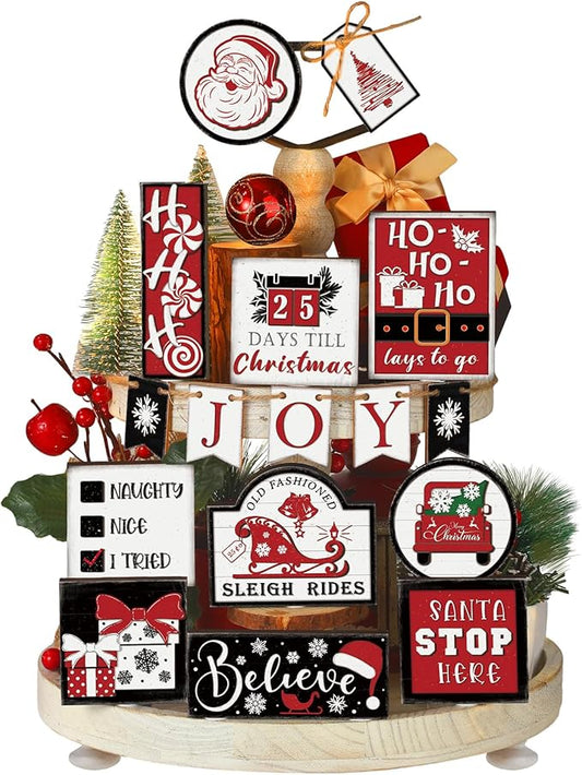 17 Pcs Christmas Tiered Tray Decor Set Winter Tiered Tray Decorations Farmhouse Tabletop Centerpiece Christmas Wooden 3D Sign for Xmas Home Buffalo Plaid Rustic Table Decoration(Vintage)
