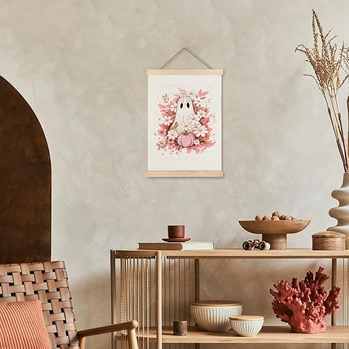 Supwhd Fall Floral Halloween Ghost Wall Art with Wooden Poster Hanger, Pink Bow Ghost Coquette Wall Decor, Coquette Preppy Room Decor, Halloween Pictures Wall Decor, 12x16