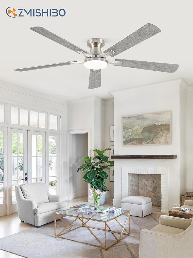 ZMISHIBO 60 Inch Ceiling Fan with Light, App&Remote Control, Flush Mount Low Profile, Dimmable 20W LED Light, Quiet Reversible Motor for Bedroom, Living Room, Apartment, Nickel