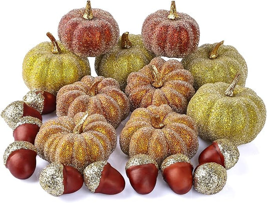 Glitter Mini Pumpkin Decor Indoor 22PCS Halloween Pumpkins for Fall Decorations for Home Fall Centerpieces for Tables Outdoor Harvest Thanksgiving Party/Acorns Autumn Fillers Decor