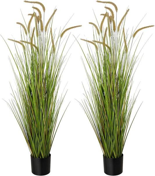 KOL Artificial 5ft 2-Pack Horsetail Reed Grass, 59in Tall Artificial Indoor Outdoor Fake Grass Plant, Home Office Decorative Artificial Plants in Pot Faux Plant Greenery, Wedding Decor Grass