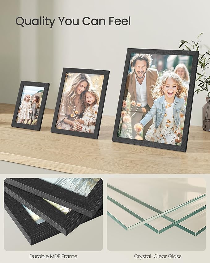 SONGMICS Picture Frames, Collage Picture Frames Set of 10, Two 11x14, Four 8x10, Four 5x7, Photo Frame for Wall Gallery Decor, Table Display, Glass, Ink Black URPF110B01