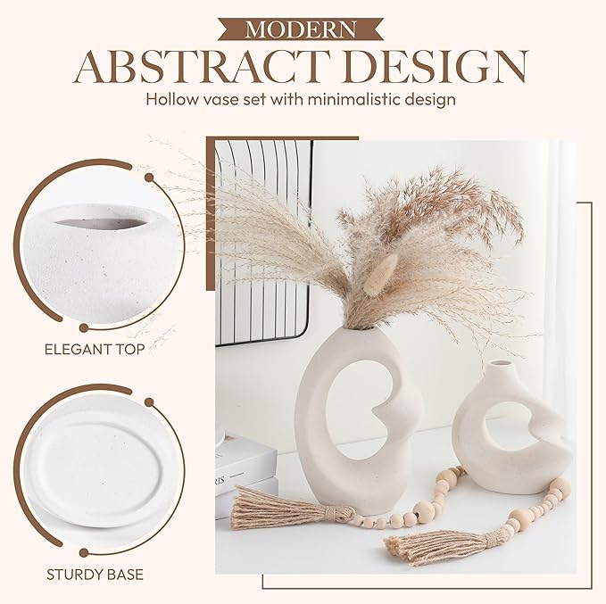 Set of 2 Romantic Hollow Ceramic Vases for Home Decor – Modern Minimalist Romantic Flower Vase for Pampas Grass Perfect for Entryway, Coffee Table, Living Room, Dining Table, Shelf Decor