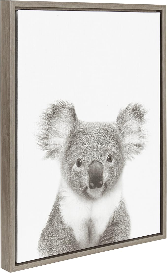 Kate and Laurel Sylvie Koala Black and White Portrait Framed Canvas Wall Art by Simon Te Tai, 18x24 Gray