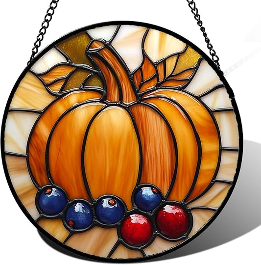 Stained Glass Window Hanging Fall Pumpkin Berries 7.8" - Suncatcher Door Garden Kitchen Sunroom Sun Catcher Autumn Home Decor Birthday for Mom Grandma Men Woman