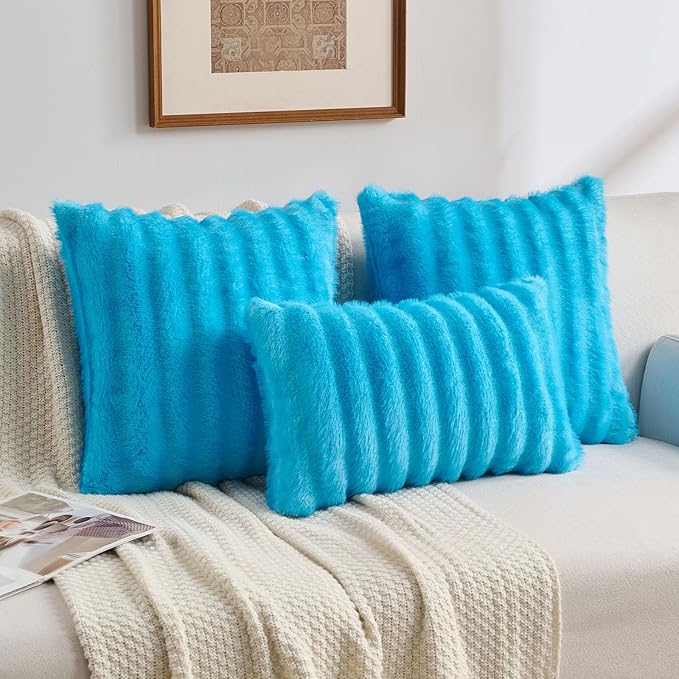 FUTEI Sky Blue Decorative Throw Pillow Covers 20x20 Inch Set of 2,Soft Fluffy Faux Mink Fur Dyeing Striped Textured Cushion Case,Modern Home Decor for Couch Bed Living Room