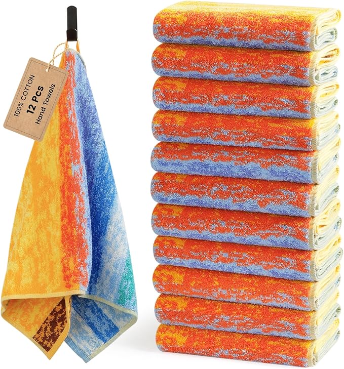 SEMAXE 12 Pack Hand Towels for Bathroom, 100% Cotton Towels with Hanging Loops, Soft & Highly Absorbent, Hand Towel Set for Gym, Shower, Hotel, Spa and Kitchen, Colorful Towel - Wheat Field Collection
