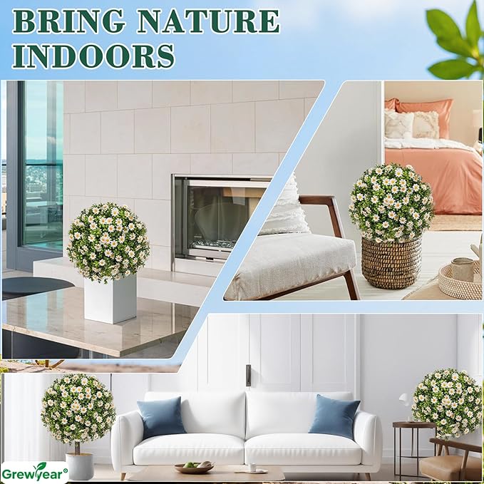 Set of 2 Artificial Topiary Ball Trees with White Mum, Faux Boxwoods for Outdoor Planters with Ground Spike, UV Resistant Artificial Outdoor Plants for Porch, Fake Bushes Round Shrub