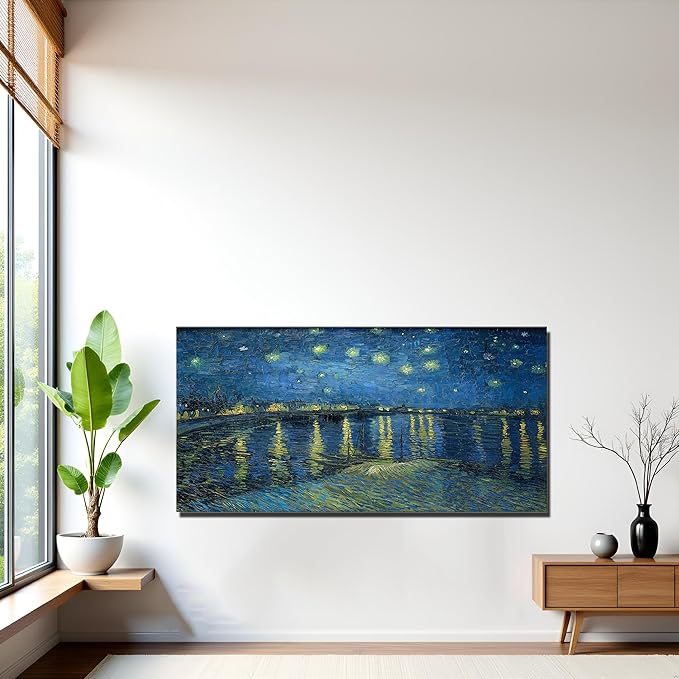 Large Artwork Starry Night Over the Rhone Van Gogh Girls Room Wall Art Famous Painting Canvas Print Blue Poster for Dining Room Hallway Office Wall Decor Framed 20x40inch