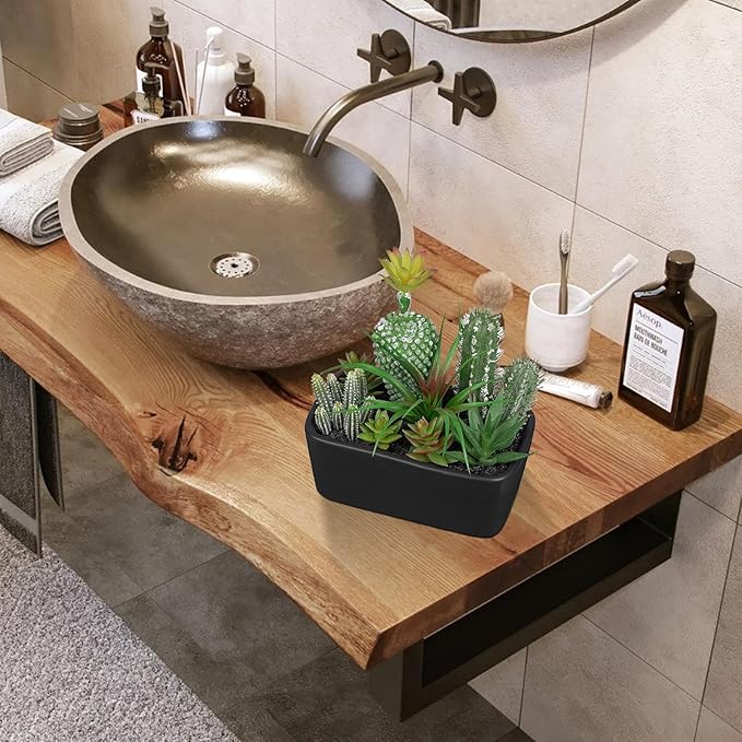 Artificial Succulents Plants in Ceramic Planter, Assorted Fake Plants in Black Pots, Fake Succulents Plants Artificial with Ceramic Potted for Bathroom Home Office Living Room Table Decor