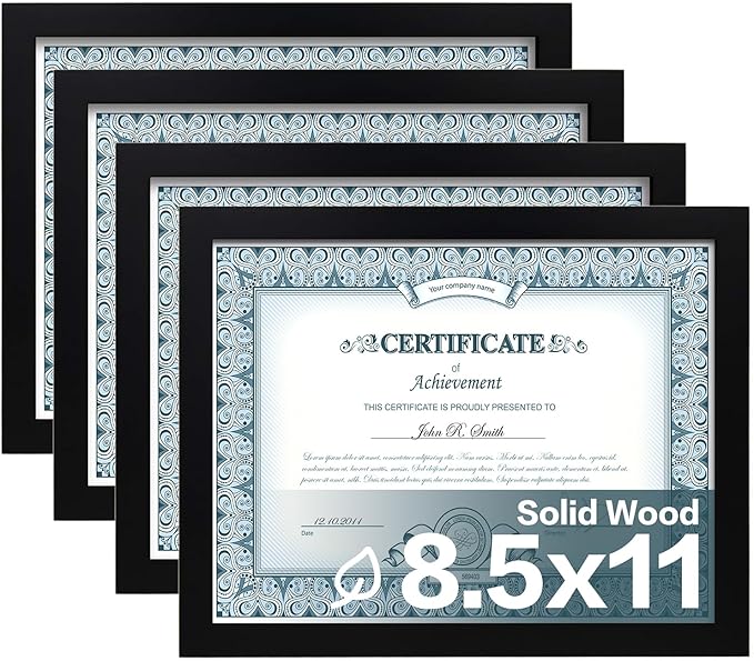 Egofine 8.5x11 Picture Frames Set of 4, Made of Solid Wood Covered by Plexiglass for Document,Diploma, Certificates and Degree, for Table Top Display and Wall Mounting Photo Frame Black