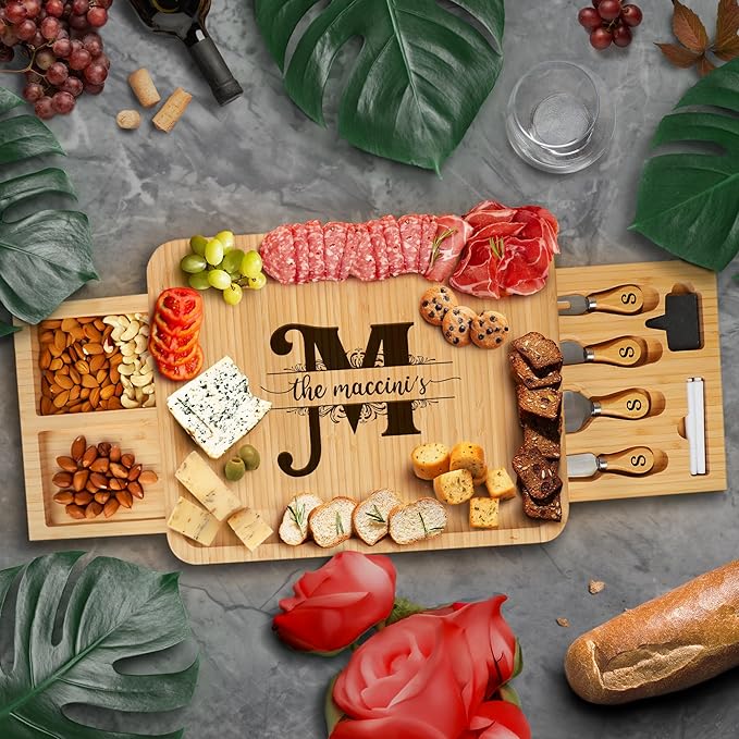 Personalized Charcuterie Board Gift Set - Engraved Bamboo Cheese and Meat Platter, Custom Cutting Board for Wedding, Housewarming Gifts New Home, Birthday, Anniversary, Newlywed, Kitchen Serving Tray