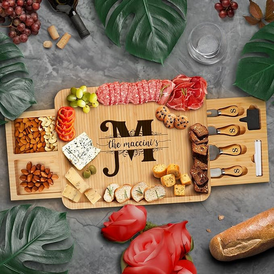 Personalized Charcuterie Board Gift Set - Engraved Bamboo Cheese and Meat Platter, Custom Cutting Board for Wedding, Housewarming Gifts New Home, Birthday, Anniversary, Newlywed, Kitchen Serving Tray