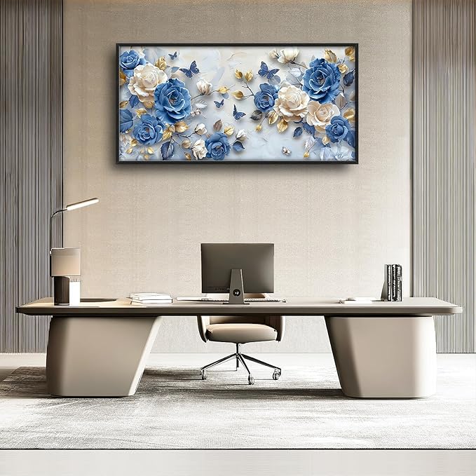Framed Large Wall Art for Living Room, Blue and White Florals Canvas Wall Decor, Flowers Pictures Painting, Modern Artwork for Bedroom Office 60L'' × 30W''