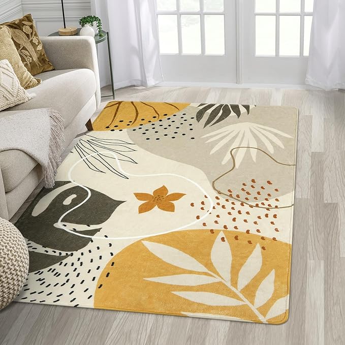 LLahome Boho 3x5 Washable Area Rug - Small Non-Slip Low-Profile Soft Rugs for Bedroom Living Room, Ultra-Thin Botanical Print Indoor Modern Carpet for Entryway Laundry Room Kitchen Office, Tan