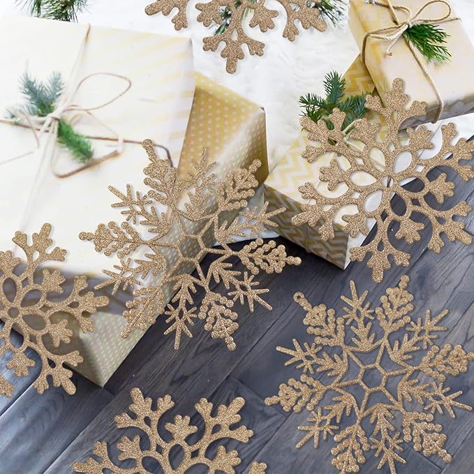 6pcs Large Champagne Gold Snowflakes Ornaments 12” Big Plastic Glitter Snowflake for Winter Indoor Outdoor Christmas Tree Window Room Decorations Giant Craft Snowflakes