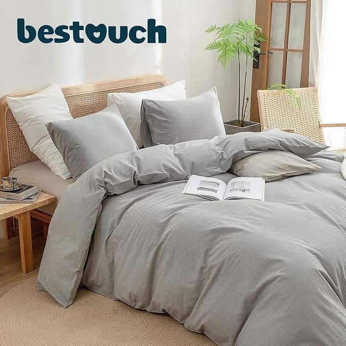 BESTOUCH Duvet Cover Set 100% Washed Cotton Linen Feel Super Soft Comfortable Chic Lightweight 3 PCs Home Bedding Set Solid Light Grey King