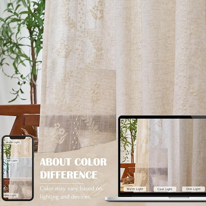 jinchan Belrose Linen Curtains for Bedroom Floral Curtains 84 Inch Length Linen Blend Ivory Embroidered Drapes Farmhouse Flower Patterned Drapes for Living Room Window Treatments Set 2 Panels