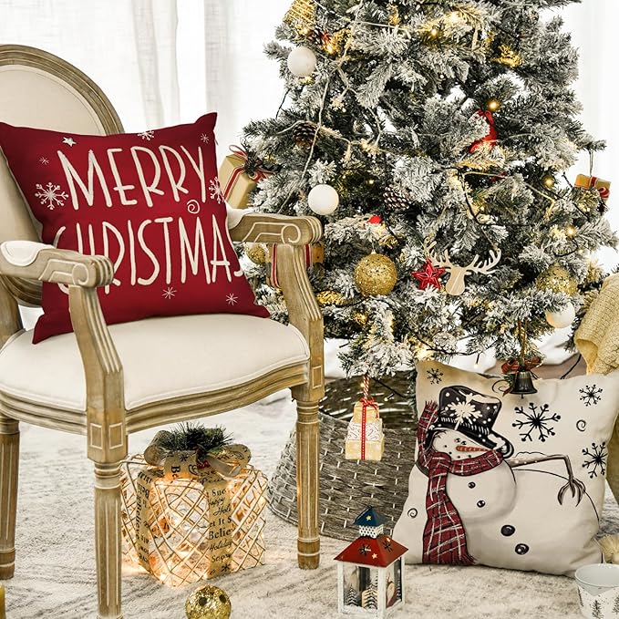 AVOIN colorlife Merry Christmas Snowman Let It Snow Throw Pillow Covers, 16 x 16 Inch Xmas Tree Winter Holiday Cushion Case Decoration for Sofa Couch Set of 4